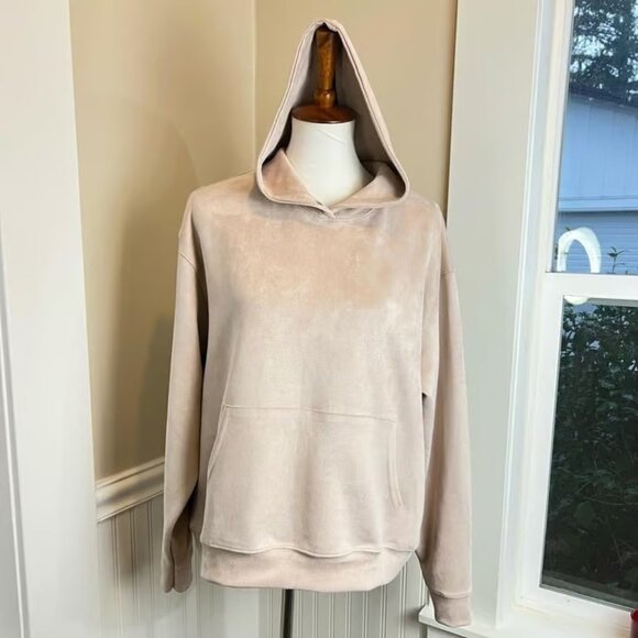 Boohoo Man Beige Velvet Hoodie Medium Cozy Soft Relaxed Versatile Mocha Cream - Picture 1 of 4